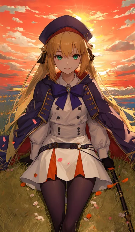 best quality, masterpiece, <lora:caster_v2o_lycoris:1>, artoria caster (fate), artoria caster (second ascension) (fate), 1girl, belt, beret, black pantyhose, blonde hair, blue belt, blue cape, blue headwear, breasts, buttons, closed mouth, smile, dress, green eyes, hat, long hair, grass field, sky, (orange sky: 1.5), flower, petals, pink flower, (petal falling), long sleeves, o-ring, o-ring belt, pantyhose, red cape, solo, holding, holding staff, thighs, white dress, (black gloves),