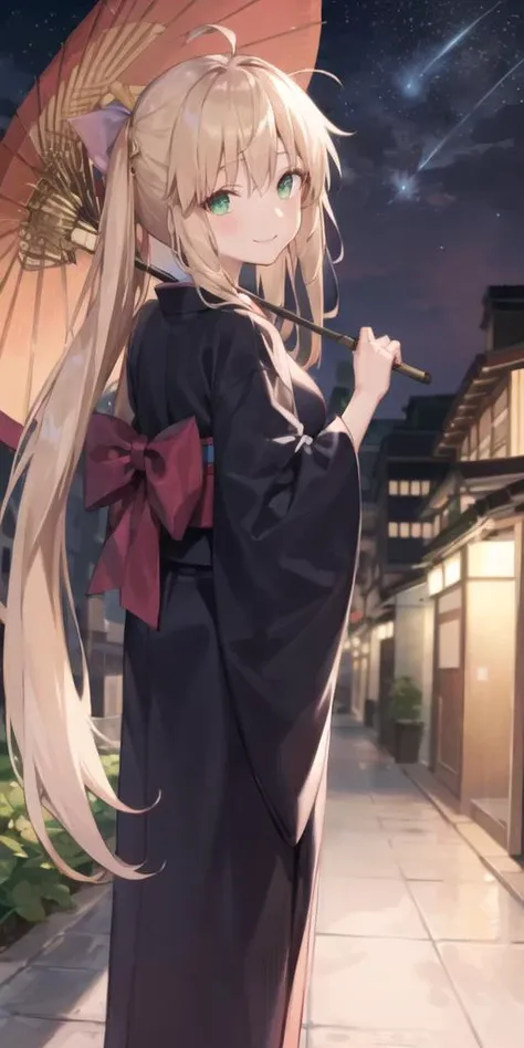 artoria caster (fate), 1girl, solo, blonde hair,  twintails, blush, breasts, green eyes, kimono, hakama, hakama skirt, very long hair, long sleeves, wide sleeves, looking at viewer, smile, reaching out, oil-paper umbrella, looking back, from behind, standing, depth of field, blush, blurry, night, street, starry sky, shooting star, masterpiece, best quality,