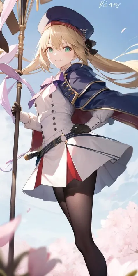 artoria caster (fate), artoria caster (second ascension) (fate), 1girl, belt, beret, black pantyhose, blonde hair, blue belt, blue cape, blue headwear, breasts, buttons, closed mouth, dress, green eyes, hat, long hair, long sleeves, looking at viewer, o-ring, o-ring belt, pantyhose, petals, red cape, smile, solo, holding staff, thighs, white dress, standing on one leg, black gloves, looking at viewer,