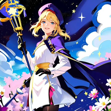 <lora:caster_v2o_lycoris:0.4>, artoria caster (fate), artoria caster (second ascension) (fate), 1girl, solo, anime, cartoon
BREAK
1girl, solo, belt, ((beret)), black pantyhose, blonde hair, twintails, blue cape, blue headwear, dress, green eyes, hat, long hair, long sleeves, looking at viewer, red cape, smile, holding staff, white glowing stars, four-pointed stars, stars hanging above head, magic, white dress, black gloves,
BREAK
1girl, solo, blue sky, starry sky, white clouds, pink petals, pink flowers, flower field, flower bed, white glowing stars, four-pointed stars, stars hanging above head, magic