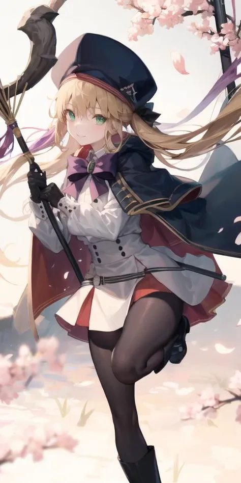 artoria caster (fate), artoria caster (second ascension) (fate), 1girl, belt, beret, black pantyhose, blonde hair, blue belt, blue cape, blue headwear, buttons, closed mouth, dress, green eyes, hat, holding, holding staff, long hair, long sleeves, looking at viewer, o-ring, o-ring belt, pantyhose, petals, red cape, smile, solo, staff, thighs, white dress, standing on one leg