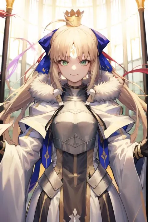 artoria caster (fate), artoria caster (third ascension) (fate), 1girl, ahoge, armor, armored dress, blonde hair, blue bow, breastplate, dress, forehead mark, fur-trimmed capelet, green eyes, hair bow, red hair ribbon, looking at viewer, mini crown, sidelocks, smile, solo, upper body, very long hair, white armor