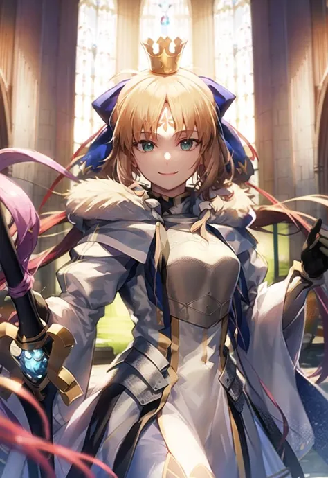 artoria caster (fate), artoria caster (third ascension) (fate), 1girl, ahoge, armor, armored dress, blonde hair, blue bow, breastplate, dress, forehead mark, fur-trimmed capelet, green eyes, hair bow, red hair ribbon, looking at viewer, mini crown, sidelocks, smile, solo, upper body, very long hair, white armor, <lora:artoriaCasterLycoris_v3:1>