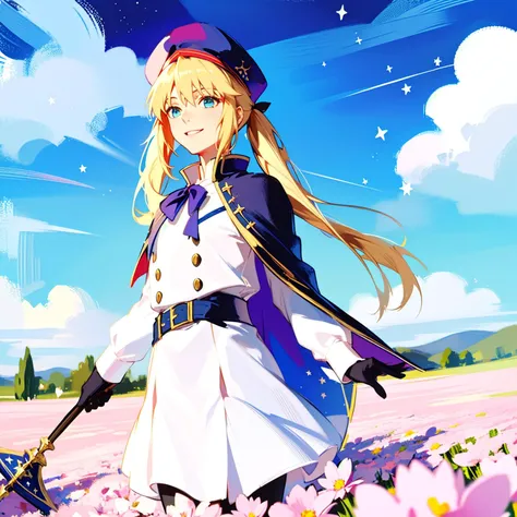 <lora:caster_v2o_lycoris:0.4>, artoria caster (fate), artoria caster (second ascension) (fate), 1girl, solo, anime, cartoon
BREAK
1girl, solo, belt, ((beret)), black pantyhose, blonde hair, twintails, blue cape, blue headwear, dress, green eyes, hat, long hair, long sleeves, looking at viewer, red cape, smile, holding staff, white glowing stars, four-pointed stars, stars hanging above head, magic, white dress, black gloves,
BREAK
1girl, solo, blue sky, starry sky, white clouds, pink petals, pink flowers, flower field, flower bed, white glowing stars, four-pointed stars, stars hanging above head, magic