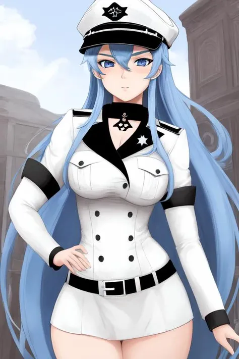 1girl, belt, black choker, blue eyes, blue hair, blue lips, boots, breasts, chest tattoo, choker, cleavage, cross-laced footwear, crossed arms, dress, hair over one eye, hat, ice, ice crystal, lace-up boots, large breasts, long hair, looking at viewer, military, military uniform, narrow waist, pale skin, parted lips, peaked cap, plunging neckline, rapier, self hug, sheath, sheathed, solo, sword, tattoo, thick thighs, thigh boots, thighs, uniform, very long hair, weapon, white dress, white headwear, wide hips, zettai ryouiki, (masterpiece), (highest quality), (intricate), (high detail), sharp focus, HDR, ((photorealistic|realistic):1.5)