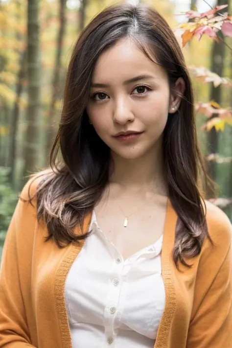 1girl,(wearing a blouse and cardigan:1.2),(RAW photo, best quality), (realistic, photo-realistic:1.4), masterpiece, an extremely delicate and beautiful, extremely detailed, 2k wallpaper, Amazing, finely detail, extremely detailed CG unity 8k wallpaper, ultra-detailed, highres, soft light, beautiful detailed girl, extremely detailed eyes and face, beautiful detailed nose, beautiful detailed eyes,cinematic lighting,(in a beautiful forest of pine trees at a Japanese countryside),(autumn scenery:1.3),(maple trees in autumn),(by a small rocky river),(morning light),perfect anatomy,slender body,smiling, <lora:itanotomomi_lora:0.8>