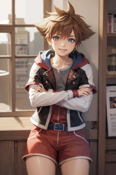 (masterpiece, best quality:1.2), <lora:kingdomhearts_sora-10:1>, cowboy shot, solo, male focus, 1boy, sora \(kingdom hearts\), smile, looking at viewer, crossed arms, hooded jacket, shorts