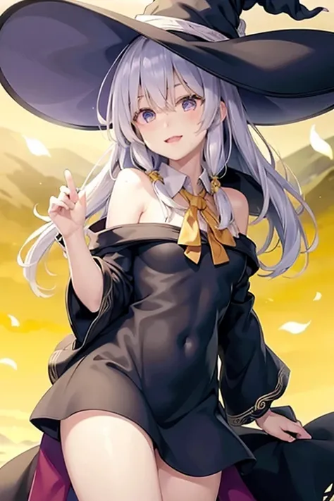 <lora:yileina-10:0.8>,lyileina,bare shoulders ,white_collared shirt,yellow ribbon,witch hat,black robe,light smile,larger breats,best quality