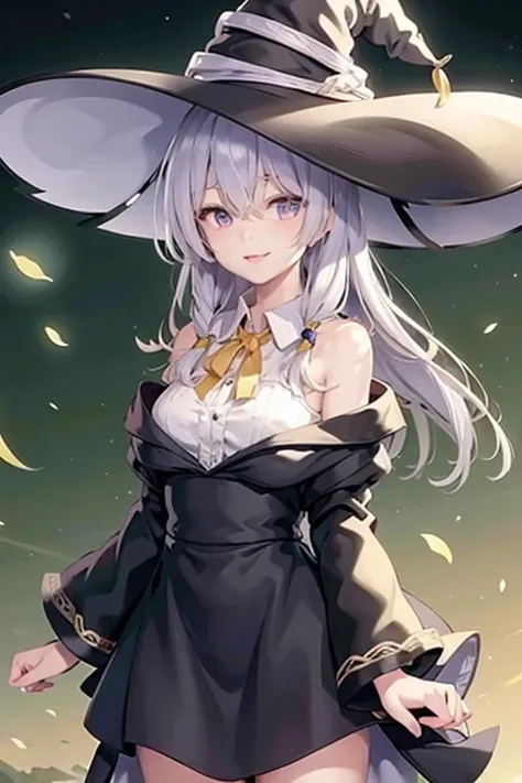 <lora:yileina-10:0.8>,lyileina,bare shoulders ,collared shirt,yellow ribbon,witch hat,black robe,light smile,larger breats,best quality