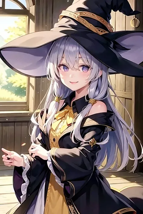 <lora:yileina-10:0.8>,lyileina,witch hat,black robe,bare shoulders ,collared shirt,yellow ribbon,light smile,larger breats,best quality