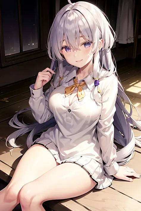 (school uniform:1.2),yellow ribbon,<lora:yileina-10:0.9>,lyileina,sitting,blue eyes,purple eyes,long hair,light smile,large breasts,cleavage,best quality