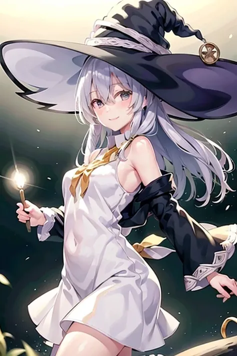 bare shoulders ,white_collared shirt,yellow ribbon,<lora:yileina-10:0.9>,lyileina,witch hat,light smile,large breats,best quality