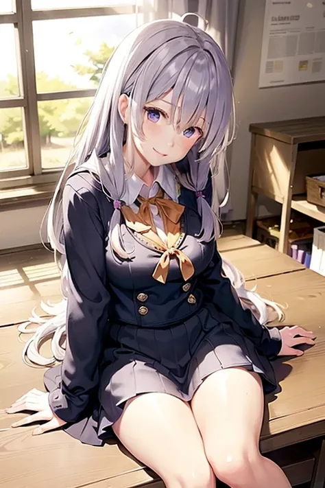(school uniform:1.2),yellow ribbon,<lora:yileina-10:0.9>,lyileina,sitting,blue eyes,purple eyes,long hair,light smile,large breasts,cleavage,best quality