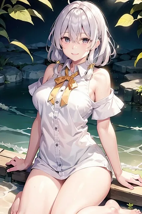 bare shoulders ,white_collared shirt,yellow ribbon,<lora:yileina-10:0.9>,lyileina,light smile,large breasts,best quality
