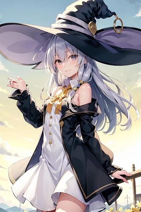 bare shoulders ,white_collared shirt,yellow ribbon,<lora:yileina-10:0.9>,lyileina,witch hat,light smile,large breats,best quality