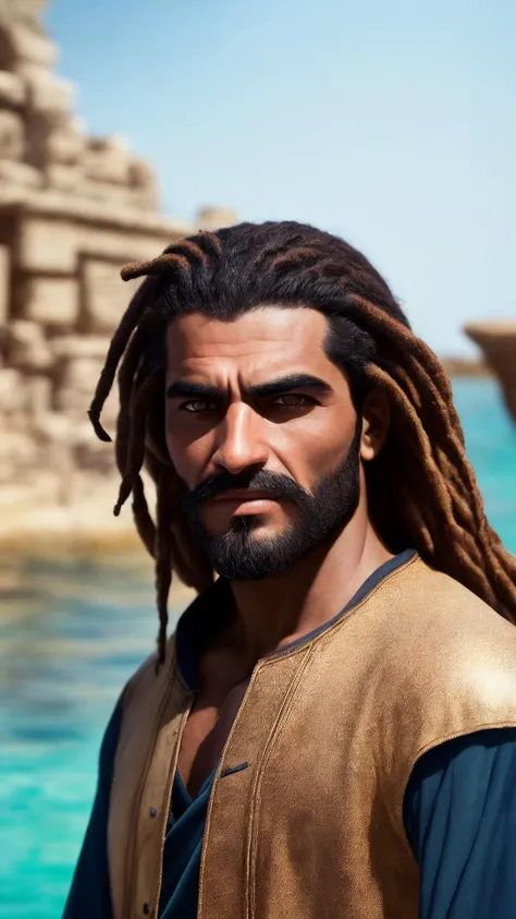 an awarded profesional photography of (1man:1.3) Arab with Sapphire eyes and Bushy Brows and male dreadlocks hairstyle and short beard in aqua color, he is Knight seductive smile, circle formation in Atlantis: A lost city of great wisdom and power, now drowned beneath the sea ,(epic scene:1.3),ultradetialed character with perfect face,detailed skin,(ultrasharp:1.3),(masterpiece:1.1),best quality,(photorealistic:1.2),ultrarealistic,realistic ultradetailed character,4k perfect quality, <lyco:GoodHands-beta2:1> by Dan Witz Natural Sunlight camera angle from behind and wide shot Magnificent,Imperceptible detail,Intricately designed, (perfect quality face:1.5) hyper-detailed complex, insanely detailed, detailed clothes, detailed skin, detailed body,