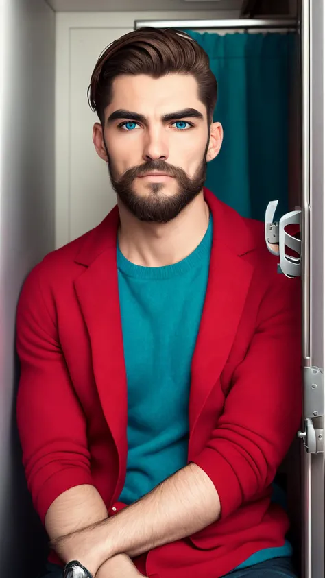 an awarded profesional photography of (1man:1.3) Eastern European with teal eyes and High Arched Brows and male french crop hairstyle and long boxed beard in Chili Pepper Red color, dressed as Puppeteer parted lips, Sitting on a velvet chaise lounge, she holds a delicate fan, her gaze filled with mystery in toilet stall ,(epic scene:1.3),ultradetialed character with perfect face,detailed skin,(ultrasharp:1.3),(masterpiece:1.1),best quality,(photorealistic:1.2),ultrarealistic,realistic ultradetailed character,4k perfect quality, <lyco:GoodHands-beta2:1> by Nick Park Up-Lighting camera angle from behind and very wide shot Magnificent,Imperceptible detail,Intricately designed, (perfect quality face:1.5) hyper-detailed complex, insanely detailed, detailed clothes, detailed skin, detailed body,