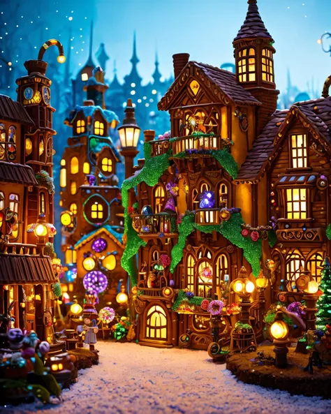 gingerbread candy village, steampunk, cinematic scene, art deco, studio lighting, robot, colorful, inspectorcore, fantasy, fairytale, intricate, forest, fireflies, flowers, halloween, christmas, hansel and gretel, background blur, bokeh, medium shot, visually stunning, matte painting, concept art, trending on artstation, artgerm, cgsociety