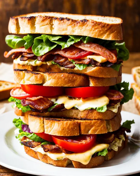 photo of a scrumptious BLT sandwich with extra bacon, (rustic diner background)+, seed bread, pepper jack cheese, (intricate details:1.12), hdr, (intricate details, hyperdetailed:1.15)