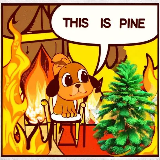 burning pine tree in a cartoonish burning room, best quality, high details, UHD, 8k