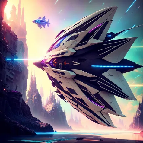 [1box:space ship:10],white, 4k, high resolution, realistic concept art. pilot. sense of awe and scale, (in the art style of Filip Hodas), Future shape details, dramatic light, dramatic light,(fractals), thorax, nautilus, orchid, skull, betta fish, bioluminiscent creatures, octane render, trending on artstation,, epic realistic, ((vibrant colors)), art, (hdr:1.5), (muted colors:1.2), pastel, hyperdetailed, (artstation:1.5), warm lights, dramatic light, (intricate details:1.2), vignette, complex background, rutkowski