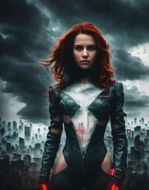 cyberpunk [foggy cityscape in the distance : close-up portrait of sexy beautiful red haired barely legal  girl wearing (skintight plugsuit:1.2), city:0.33] immersed in a giant flow of wind, living in a thunder cloud, behind the cloud, (double exposure:1.3), surreal dream, gray atmosphere, rainy day, dynamic, lut, hdr <lora:epiNoiseoffset_v2:1>