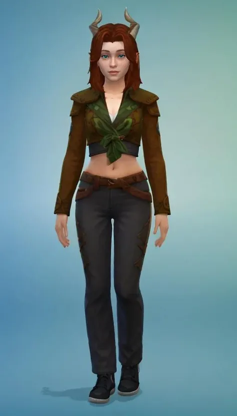 simscas, front view, a woman standing, white skin, european, fit, flat background, wearing horns thedruid, <lora:simscas_v1:1>, <lora:thedruid_v1:1>