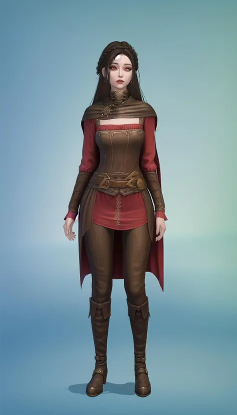masterpiece, best quality, (colorful), (delicate eyes and face), extremely detailed CG unity 8k wallpaper, <lora:simscas_v1:1>, simscas, (flat background, simple background:1.2), front view, <lora:Serana_5_10:0.7> serana, red eyes, cape, long sleeves, looking at viewer, full body, standing, legs apart