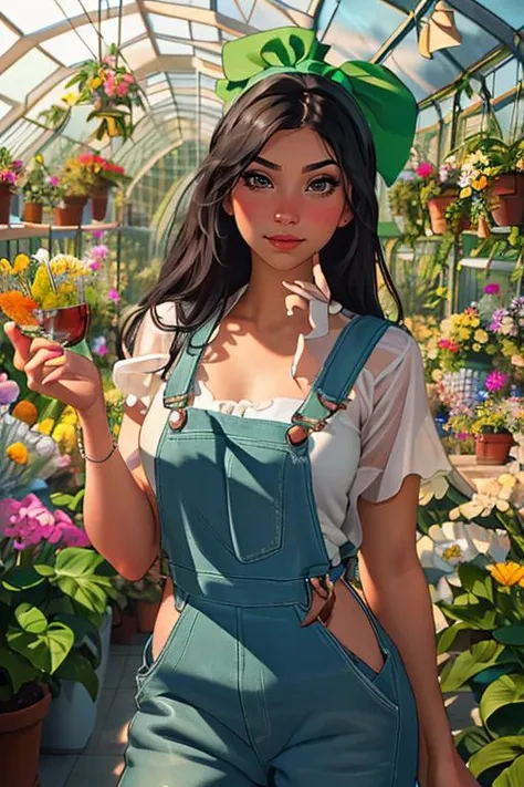 Merger_summer_lacilux,
(in a giant glass green house filled with exotic flowers and plants wearing overalls and a bandana walking through the flowers, arboretum, green house, glass, plants, flowers:1.2),
bokeh, f1.4, 40mm, photorealistic, raw, 8k, textured skin, skin pores, intricate details <lora:epi_noiseoffset2:1>, epiCRealism