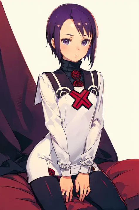 ultra detailed, masterpiece, best quality, solo, <lora:kuroboshi_kouhaku_style_v01:0.75> <lora:sntoris-nvwls-v1:1> snToris, purple hair, short hair, turtleneck, white uniform, long sleeves, pantyhose,