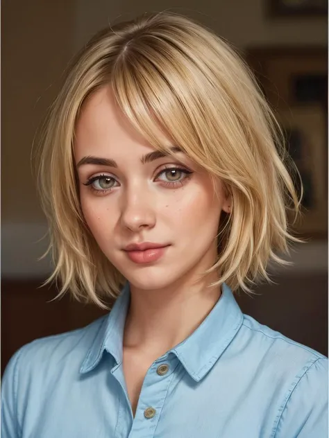 1girl, blonde hair, short hair, (makeup), thick lips,  standing, portrait, looking at viewer, midriff, head tilt, looking at another, 
masterpiece, best quality, intricate detail    <lora:DarkCookie:0.65>,   <lora:skin_slider_v1:0.5>