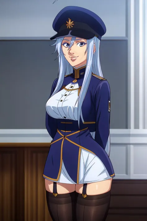 masterpiece, best quality,
<lora:DarkCookie-10VSSv8:0.8>,
solo, arms behind back,
<lora:VladilenaMilize001:0.8> VladilenaMilize, 1girl, ahoge, military hat, jacket, shirt, dress shirt, blue skirt, zettai ryouiki,white_thighhighs, smile, looking at viewer, lips,