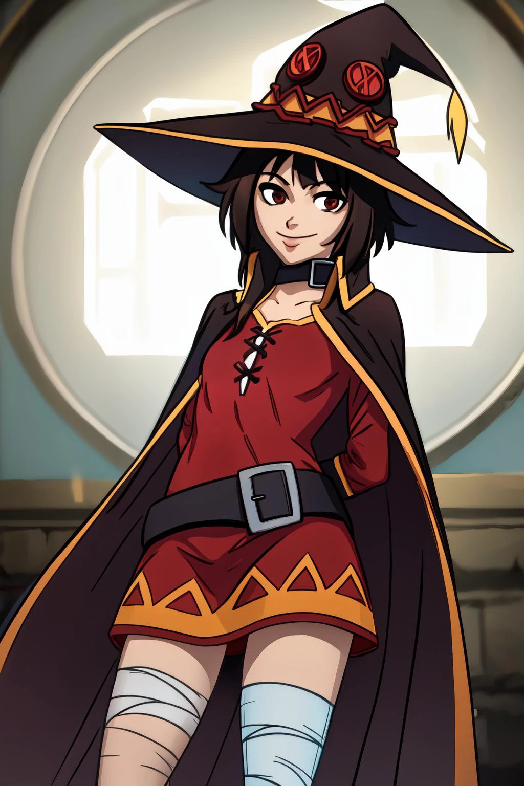 masterpiece, best quality,
<lora:DarkCookie-10VSSv8:0.8>,
solo, light smile, arms behind back,
<lora:KonosubaMegumin-v1-07:0.8> , ChopioMegumin, brown hair, short hair with long locks, sidelocks, red eyes, (looking at viewer:1.3), small breasts, witch hat, collar, cape, red dress, long sleeves, fingerless gloves, black gloves, black belt, short dress, single thighhigh, zettai ryouiki, asymmetrical legwear, bandages, (bandaged leg:1.1), brown boots,