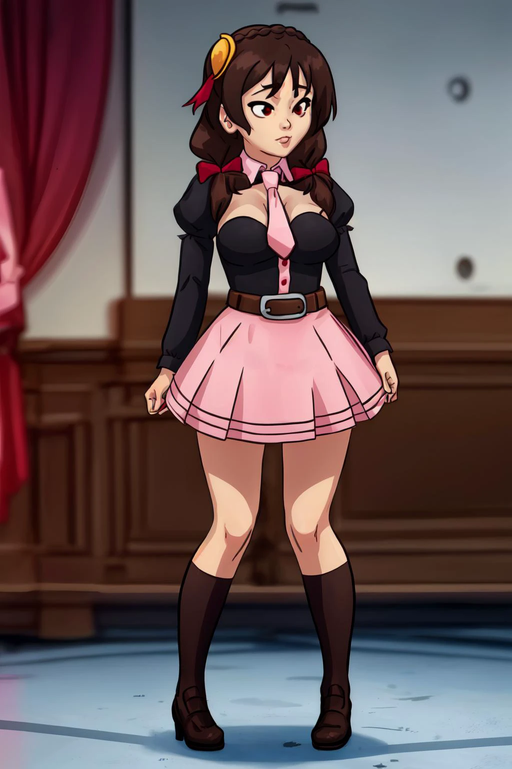 masterpiece, best quality,
<lora:DarkCookie-10VSSv8:0.8>,
solo, full body,
<lora:konosuba yunyun movie-lora-nochekaiser:0.8>, yunyun, long hair, brown hair, hair ornament, (red eyes:1.3), bow, ribbon, twintails, braid, hair bow,, skirt, long sleeves, necktie, belt, clothing cutout, cleavage cutout, pink skirt, pink necktie, puffy sleeves,