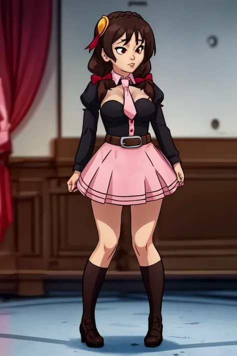 masterpiece, best quality,
<lora:DarkCookie-10VSSv8:0.8>,
solo, full body,
<lora:konosuba yunyun -lora-nochekaiser:0.8>, yunyun, long hair, brown hair, hair ornament, (red eyes:1.3), bow, ribbon, twintails, braid, hair bow,, skirt, long sleeves, necktie, belt, clothing cutout, cleavage cutout, pink skirt, pink necktie, puffy sleeves,