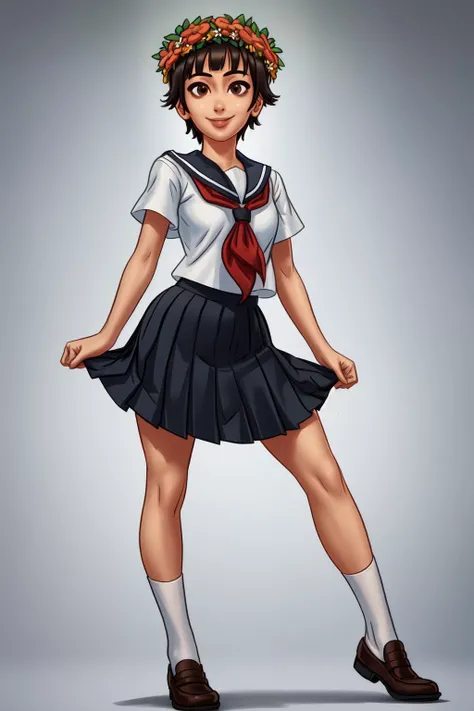 masterpiece, best quality,
<lora:DarkCookie-10VSSv8:0.8>,
solo, full body, smile,
<lora:LoRA_Kazari:0.8> uiharu kazari, brown eyes, black hair, short hair, hair ornament, flower, hair flower, head wreath, school uniform, serafuku, sakugawa school uniform, skirt, bangs, pleated skirt, short sleeves