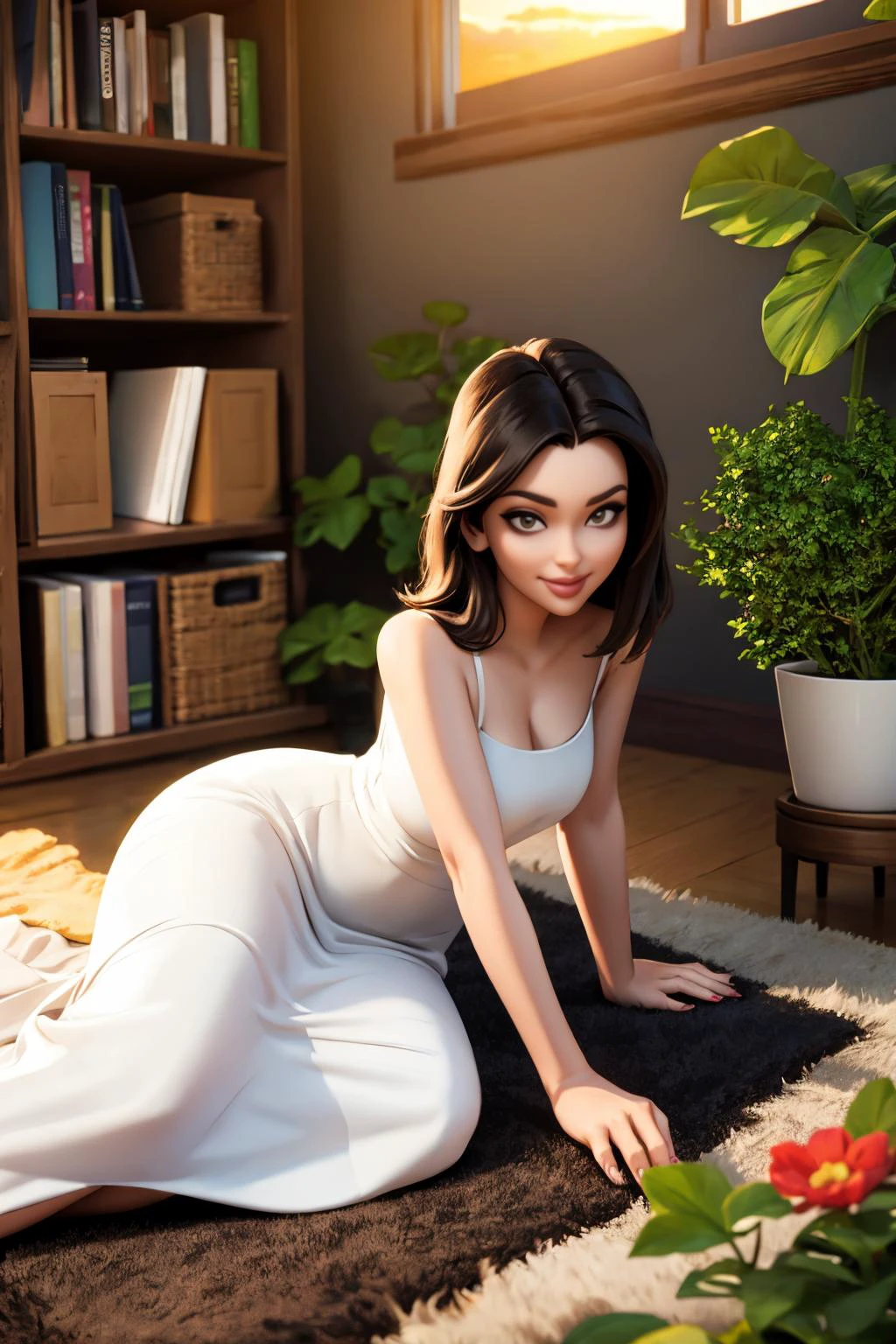 3d, 3d background, <lora:DarkCookie-10VSSv8:0.8>, a woman in a white dress with her head down, long dark hair, long bangs, long skirt, a poster, gothic art, seductive smile, long fingernails,
masterpiece, best quality, highres, digital art, intricate
basket, bookshelf, chair, day, flower pot, indoors, ivy, leaf, palm tree, plant, potted plant, rug, scenery, sunlight, sunset, tree, vines, window