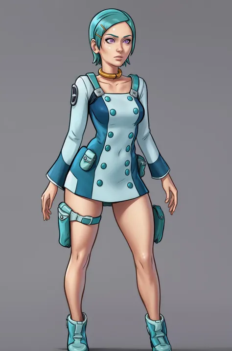 masterpiece, best quality,
<lora:DarkCookie-10VSSv8:0.8>,
beautiful detailed face,
simple background, solo, pose, full body,
<lora:eureka:0.8> 1girl, short hair, hair ornamen, purple eyes, hairclip, aqua hair, thigh pouch, thigh holster, collarbone, collar, buttons, dress,
expressionless,