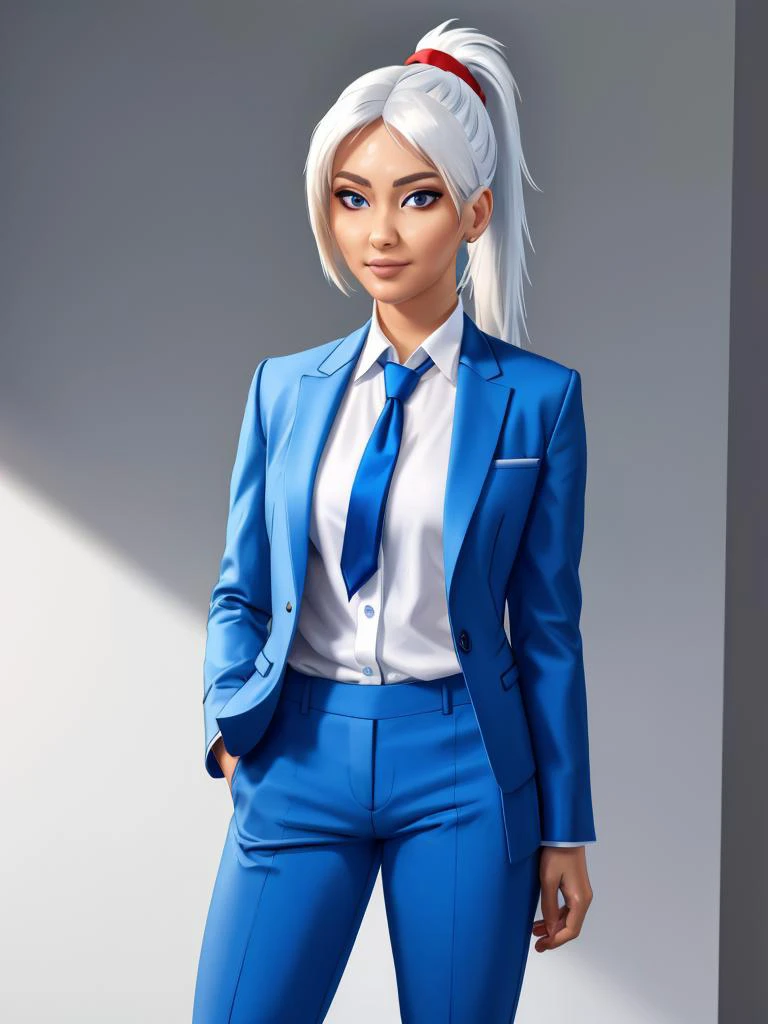 <lora:DarkCookie-10VSSv8:1>, Masterpiece, perfect body, Irisphilia, white hair, long hair, ponytail, hair between eyes, red eyes, straight-on, feet out of frame, looking_at_viewer, (blue suit), white shirt, blue pants,