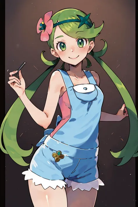 <lora:Sugimori_Ken_Style_v2:0.8>,((masterpiece,best quality)), absurdres, <lora:Mallow-10:0.8>, mallow, pink shirt, grey shorts, grey overalls, smile, trial badge, hairband, hair flower, green eyes, solo, smiling, looking at viewer, cowboy shot, cinematic composition,