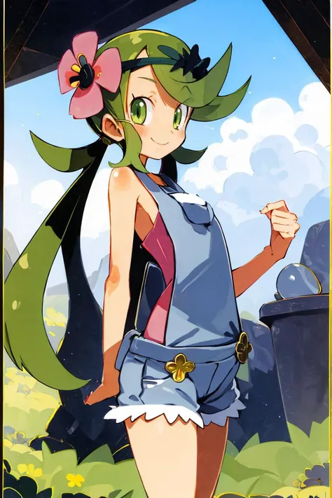<lora:Harada_Takehito_v2_Repeats5:0.8>,((masterpiece,best quality)), absurdres, <lora:Mallow-10:0.8>, mallow, pink shirt, grey shorts, grey overalls, smile, trial badge, hairband, hair flower, green eyes, solo, smiling, looking at viewer, cowboy shot, cinematic composition,