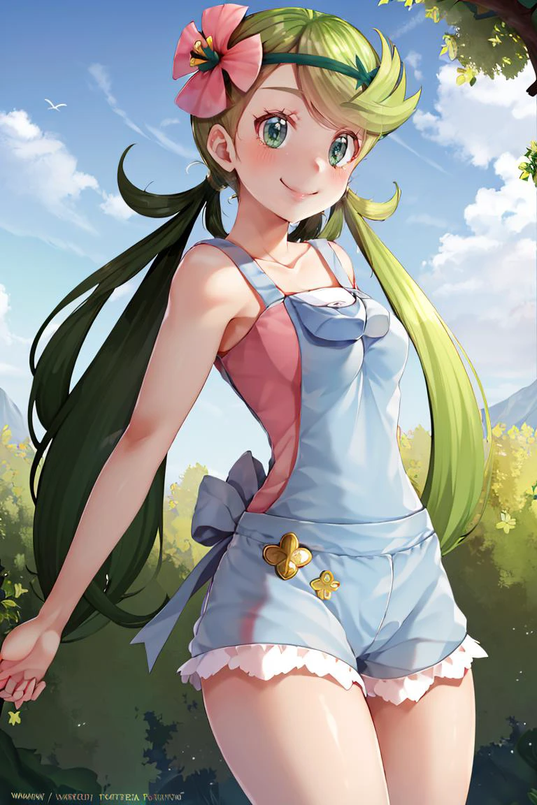 <lora:Puppypaww_Style:0.8>,((masterpiece,best quality)), absurdres, <lora:Mallow-10:0.8>, mallow, pink shirt, grey shorts, grey overalls, smile, trial badge, hairband, hair flower, green eyes, solo, smiling, looking at viewer, cowboy shot, cinematic composition,