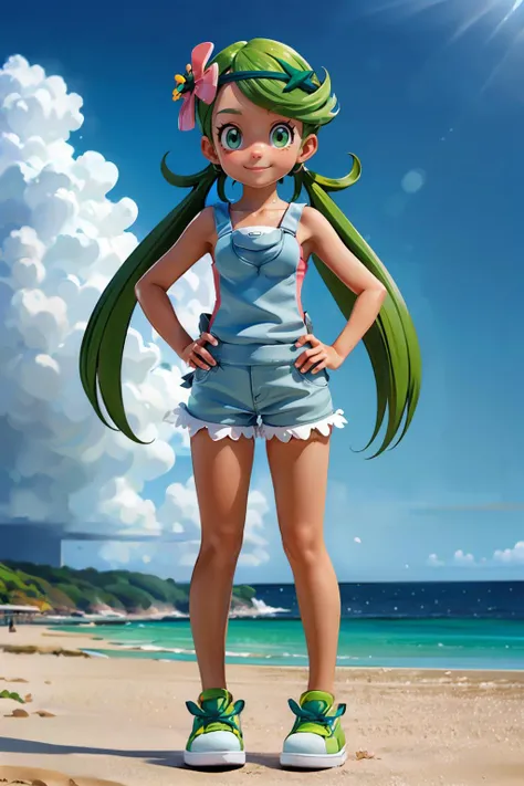 mallow, hairband, hair flower, long green hair, green eyes, pink shirt, grey shorts, grey overalls,green sneakers, looking at viewer, smiling, happy, full body shot,
standing, hands on hips, outside, beach, ocean, blue sky, extreme detail, masterpiece, <lora:Mallow:.8>