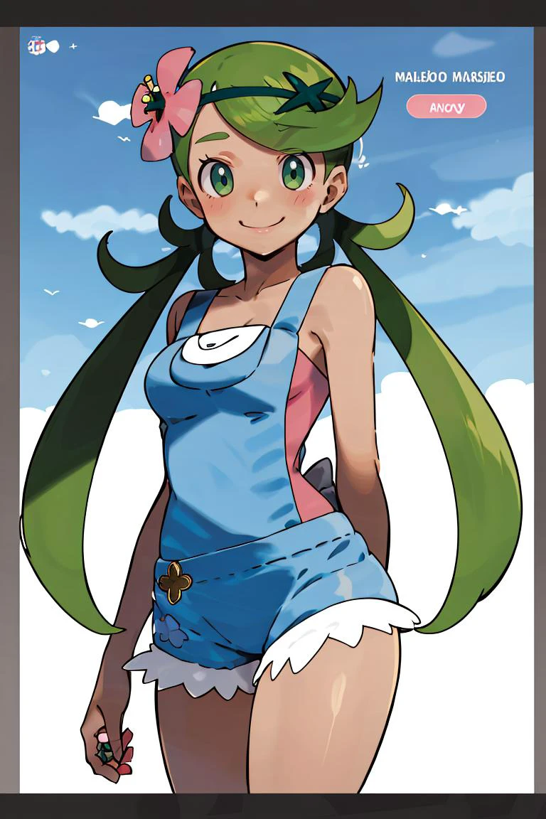 <lora:Sugimori_Ken_Style_v2:0.8>,((masterpiece,best quality)), absurdres, <lora:Mallow-10:0.8>, mallow, pink shirt, grey shorts, grey overalls, smile, trial badge, hairband, hair flower, green eyes, solo, smiling, looking at viewer, cowboy shot, cinematic composition,