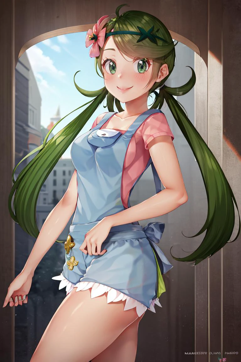 <lora:Puppypaww_Style:0.8>,((masterpiece,best quality)), absurdres, <lora:Mallow-10:0.8>, mallow, pink shirt, grey shorts, grey overalls, smile, trial badge, hairband, hair flower, green eyes, solo, smiling, looking at viewer, cowboy shot, cinematic composition,