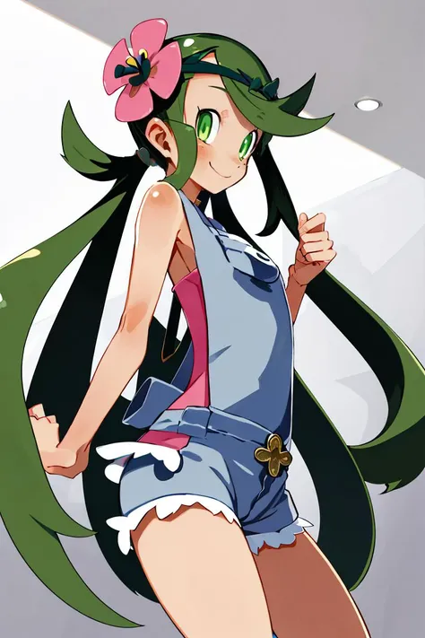 <lora:Harada_Takehito_v2_Repeats5:0.8>,((masterpiece,best quality)), absurdres, <lora:Mallow-10:0.8>, mallow, pink shirt, grey shorts, grey overalls, smile, trial badge, hairband, hair flower, green eyes, solo, smiling, looking at viewer, cowboy shot, cinematic composition,
