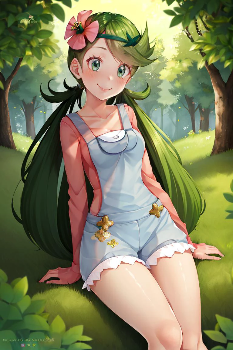 <lora:Puppypaww_Style:0.8>,((masterpiece,best quality)), absurdres, <lora:Mallow-10:0.8>, mallow, pink shirt, grey shorts, grey overalls, smile, trial badge, hairband, hair flower, green eyes, solo, smiling, looking at viewer, cowboy shot, cinematic composition,