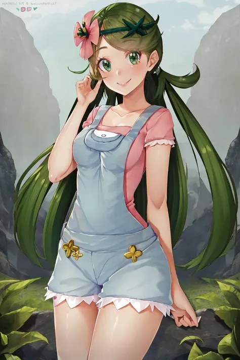 <lora:Puppypaww_Style:0.8>,((masterpiece,best quality)), absurdres, <lora:Mallow-10:0.8>, mallow, pink shirt, grey shorts, grey overalls, smile, trial badge, hairband, hair flower, green eyes, solo, smiling, looking at viewer, cowboy shot, cinematic composition,