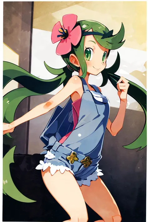 <lora:Harada_Takehito_v2_Repeats5:0.8>, , ((masterpiece,best quality)), absurdres, <lora:Mallow-10:0.8>, mallow, pink shirt, grey shorts, grey overalls, smile, trial badge, hairband, hair flower, green eyes, solo, smiling, looking at viewer, cowboy shot, cinematic composition,