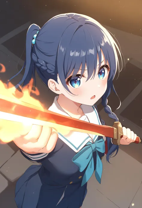 1girl,sincos, ningen mame, toosaka asagi,solo,medium breasts,school uniform,
flaming sword, holding sword, holding weapon,<lora:flamingsword_XL_v1:0.7>
fire, flaming weapon, glowing weapon, glowing sword, flame,
from above, upper body, looking to the side, blue hair, gray eyes,expressionless, Greek Santorini Island, open mouth, braid ponytail hair,,
best quality, very aesthetic, absurdres